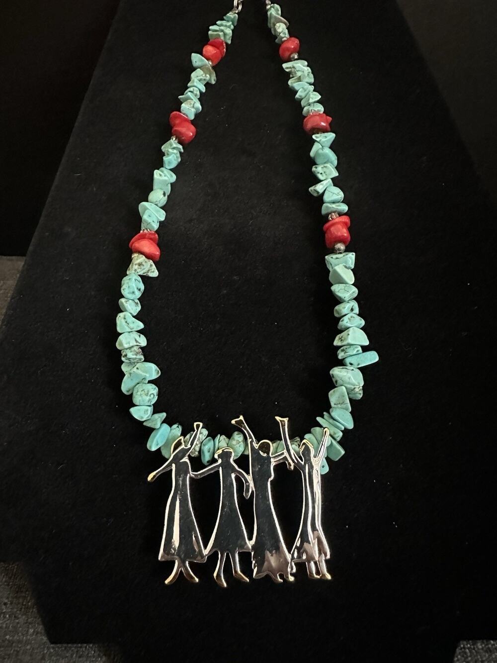 Signed Best Turquoise Color Chip Coral Bead Necklace Silver Tone Figural Pendant